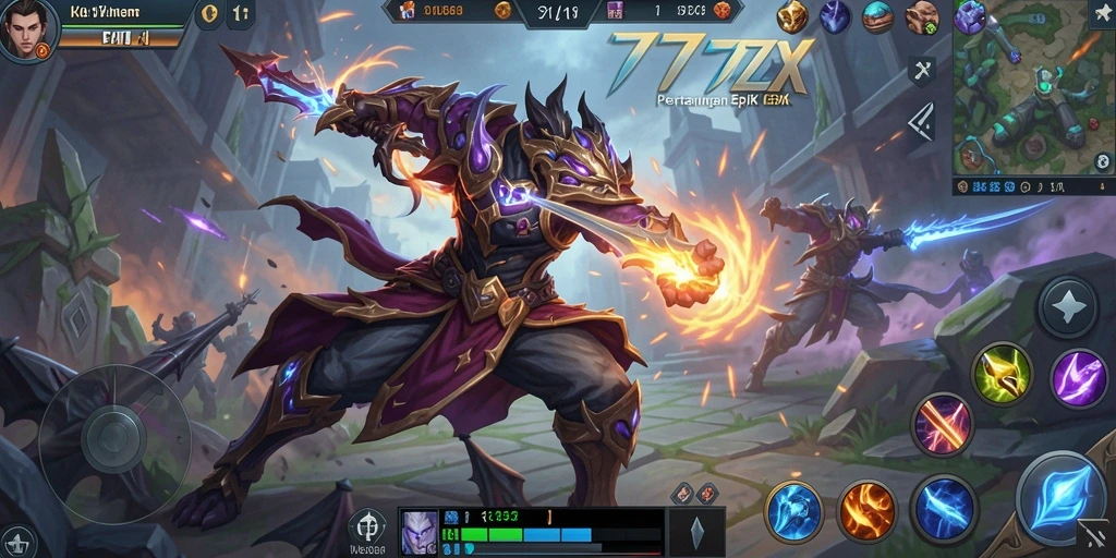 Screenshot utama 777ZX menampilkan aksi gameplay MOBA yang seru.