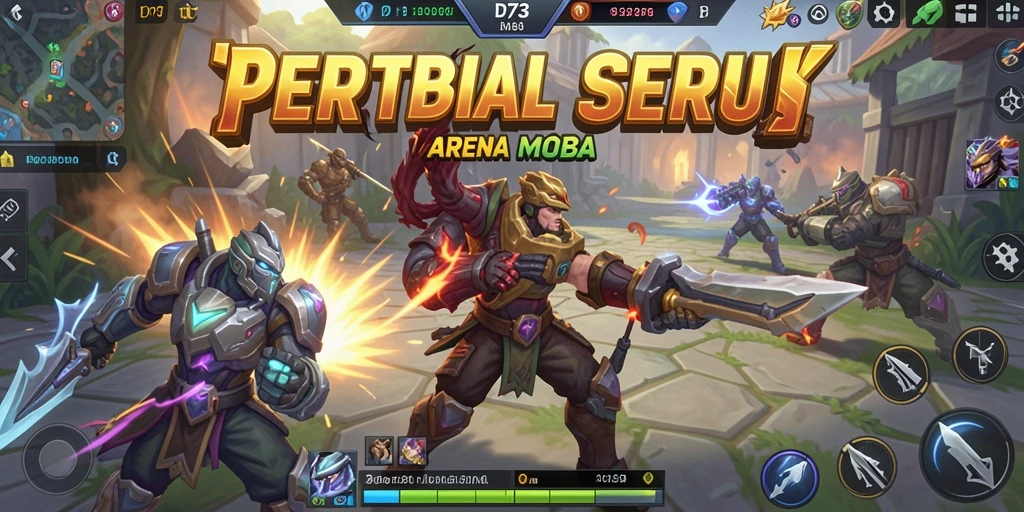 Screenshot gameplay D73 menampilkan aksi seru di arena MOBA.