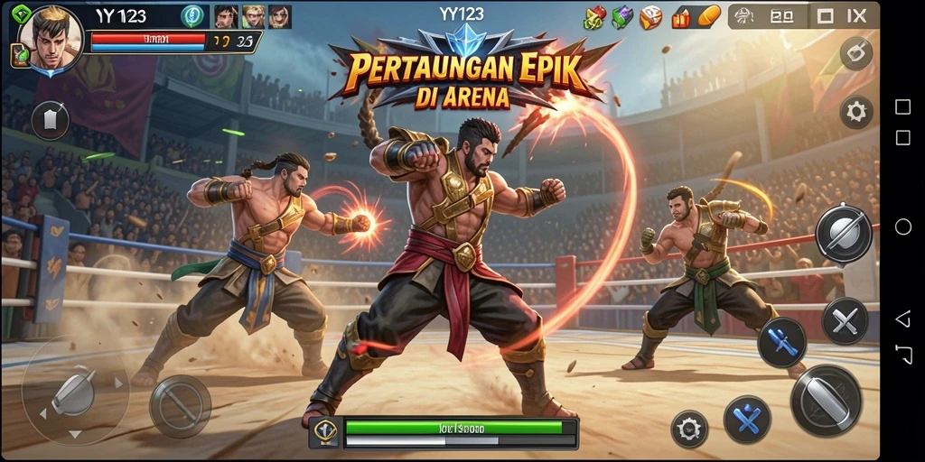 Tangkapan layar YY123 yang menunjukkan aksi pertarungan mendebarkan antara karakter.